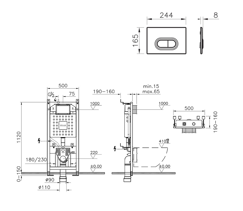700-1873 Комплект инсталляции Vitra V12 с кнопкой смыва 740-0580 Хром