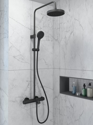 A4730336EXP BASE Round Душевая стойка с термостатом с изливом, верхним и ручным душами черный матовый VITRA фото 6