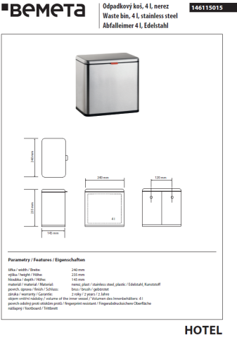 146115015 HOTEL Ведро 4 л сталь шлифованная BEMETA фото 2
