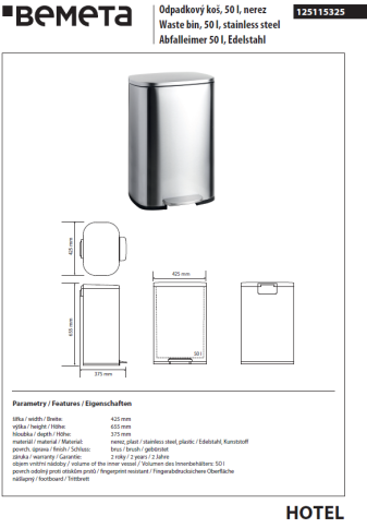 125115325 HOTEL Ведро 50 л сталь полированная BEMETA фото 2