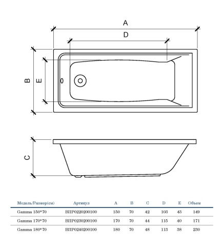 ВПР0380000100 GAMMA Ванна прямоугольная 180х70 белая ALBA SPA фото 3