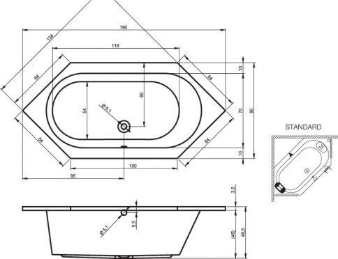 B035001005 KANSAS Ванна 190x90 RIHO фото 2
