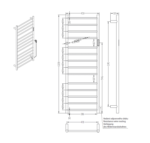 704151050 Электрический полотенцесушитель 450x1320мм 180W черный матовый BEMETA фото 2