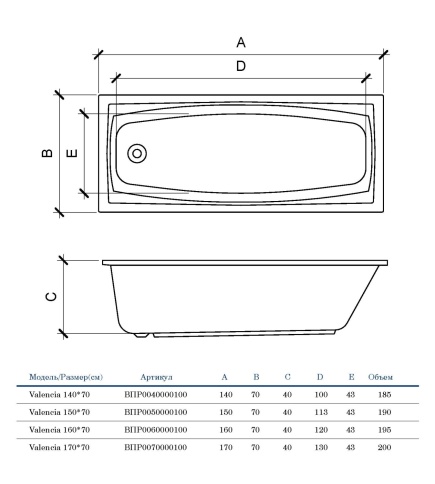 ВПР0060000100 VALENCIA Ванна прямоугольная 160х70 белая ALBA SPA фото 3