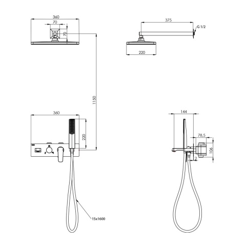 AS3180 Встраиваемый смеситель Life с изливом душевой лейкой и головным душем черный TESKA фото 3