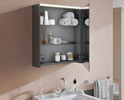 66909 Зеркало-шкаф 60 см с подсветкой и розеткой левый антрацит VITRA фото 3