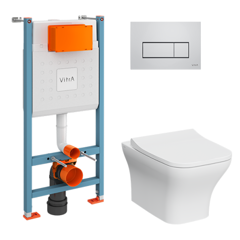9875B003-7201 Комплект унитаза с инсталляцией Vitra Zentrum Square с сиденьем микролифт и клавишей смыва Хром глянцевый фото 1