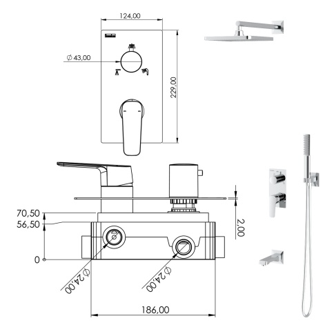 AS3370 Встраиваемый смеситель Ciera с душевой лейкой и головным душем, золото TESKA фото 3
