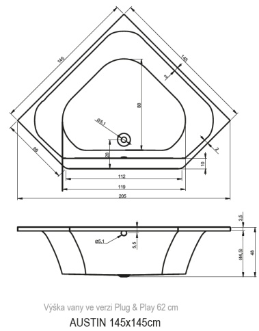 B005001005 AUSTIN Ванна 145x145 RIHO фото 2