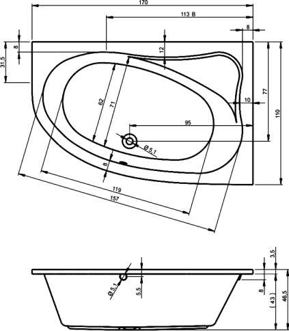 B018001005 LYRA 170 L Ванна 170x110 RIHO фото 3