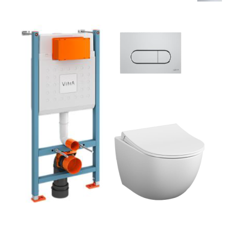 9830B003-7212 Комплект унитаза с инсталляцией Vitra Sento Rim-Ex с сиденьем микролифт и клавишей Root Round хром фото 1