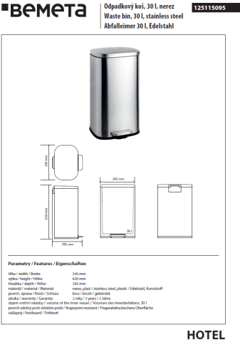 125115095 HOTEL Ведро 30 л сталь полированная BEMETA фото 2