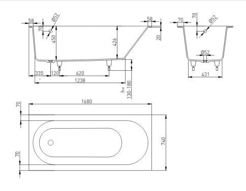 1.01.007.11.1 ORION 170 Ванна 168x74 встраиваемая Soft Rock Белый матовый HOLBI фото 4