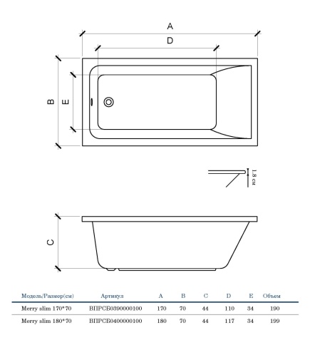 ВПРСБ0400000100 MERRY SLIM Ванна прямоугольная 180x70 с тонким бортом белая ALBA SPA фото 3