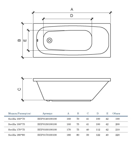 ВПР0170100100 SEVILLA Ванна прямоугольная 180х80 белая ALBA SPA фото 3