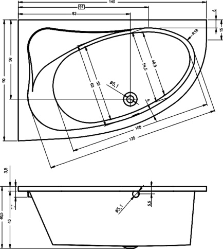 B019001005 LYRA 140 R Ванна 140x90 RIHO фото 3
