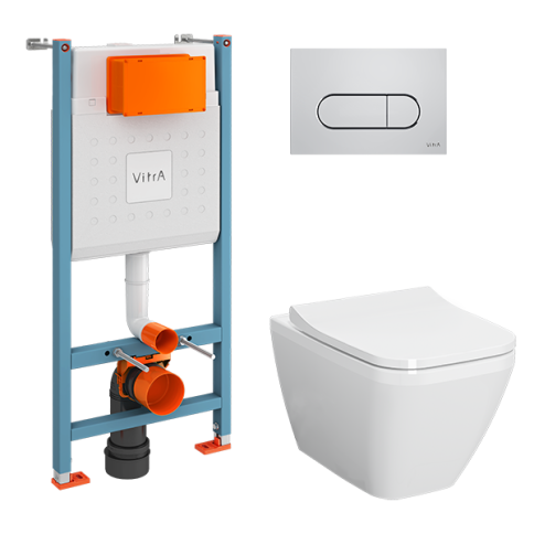 9856B003-7207 Комплект унитаза с инсталляцией Vitra Integra Square с сиденьем микролифт и клавишей смыва Хром глянцевый фото 1