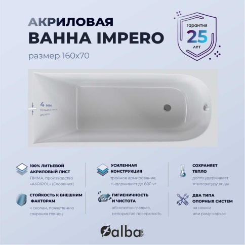 ВПР0330200100 IMPERO Ванна прямоугольная 160х70 белая ALBA SPA фото 5