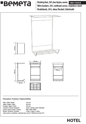 146115334 HOTEL Проволочная корзина 30л (без крышки) белая BEMETA фото 2