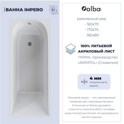 ВПР0330200100 IMPERO Ванна прямоугольная 160х70 белая ALBA SPA фото 4