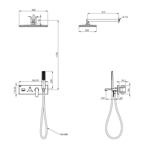 AS3100B Встраиваемый смеситель Life с изливом, душевой лейкой и головным душем, черное стекло TESKA фото 4