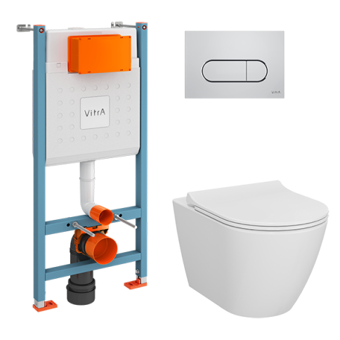 9878B003-7200 Комплект унитаза с инсталляцией Vitra Sanibelle с сиденьем микролифт и клавишей смыва Хром глянцевый фото 1