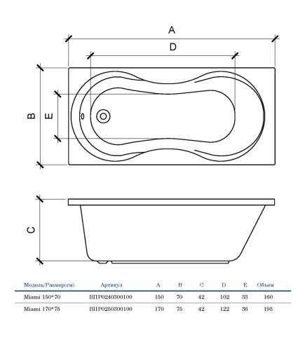 ВПР0240300100 MIAMI Ванна прямоугольная 150х70 белая ALBA SPA фото 3