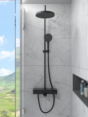 A4730936EXP CORE Round Душевая стойка с термостатом с изливом, верхним и ручным душами черный матовый VITRA фото 6