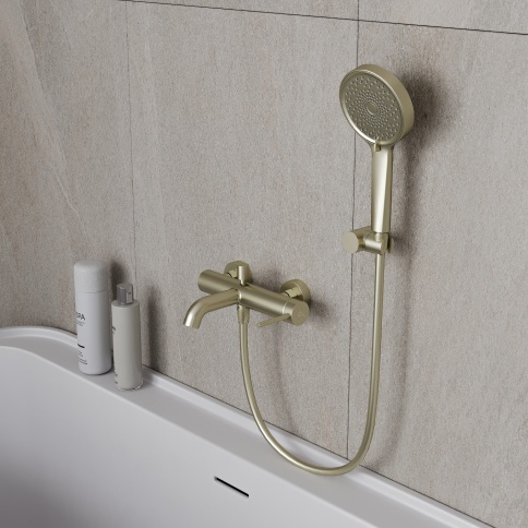 OL-639017-BG Y-LINE Смеситель для ванны с душевым гарнитуром матовое золото OLIVEEKA фото 2