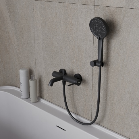 OL-639017-MB Y-LINE Смеситель для ванны с душевым гарнитуром черный матовый OLIVEEKA фото 2
