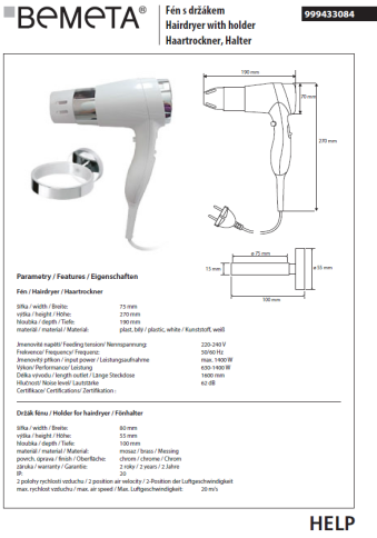 999433084 HOTEL Фен с держателем, прямой шнур, белый BEMETA фото 2