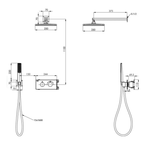 T4100C Встраиваемый термостатический смеситель Teona с душевой лейкой и головным душем, хром TESKA фото 3