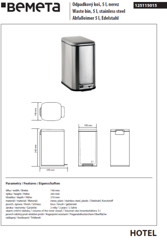 125115015 HOTEL Ведро 5 л сталь полированная BEMETA фото 2