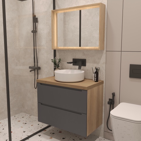 D80GD Тумба под раковину/столешницу Дион 80 Графит мат/Дуб фото 4