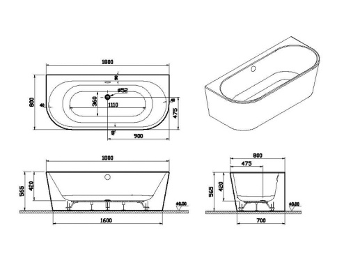 65420006000 Geo Ванна 180х80 пристенная VITRA фото 4