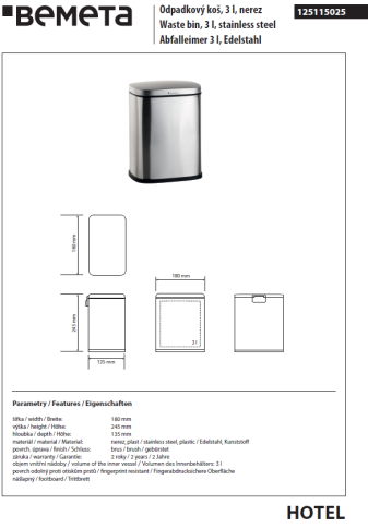 125115025 HOTEL Ведро 3 л сталь полированная BEMETA фото 2