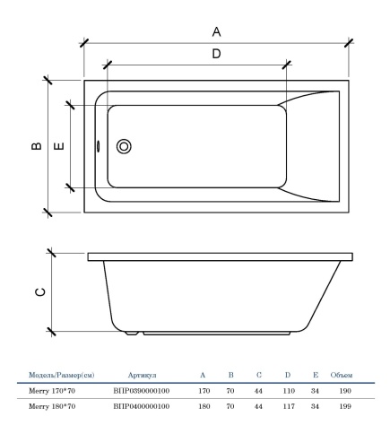 ВПР0390000100 MERRY Ванна прямоугольная 170х70 белая ALBA SPA фото 3