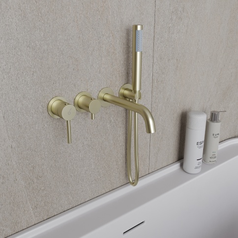 OL-889017-BG Y-LINE Смеситель для ванны с душевым гарнитуром матовое золото OLIVEEKA фото 2