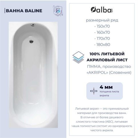 ВПР0430000100 BALINE Ванна прямоугольная 180х80 белая ALBA SPA фото 5