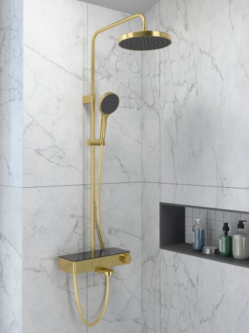 A4730925EXP CORE Round Душевая стойка с термостатом с изливом, верхним и ручным душами золото брашированное VITRA фото 6