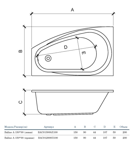 ВАС013000Л100 BALINE Ванна асимметричная левая 150х90 белая ALBA SPA фото 4