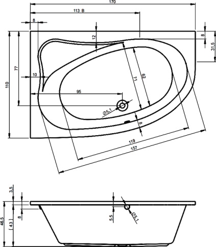 B017001005 LYRA 170 R Ванна 170x110 RIHO фото 3