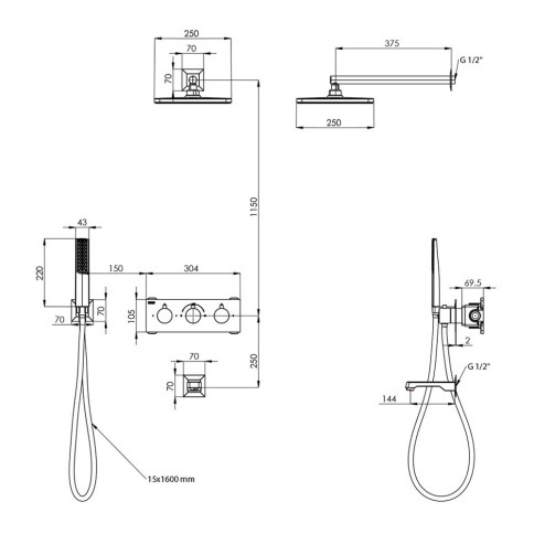 T4000C Встраиваемый термостатический смеситель Lande с изливом душевой лейкой и головным душем хром TESKA фото 3