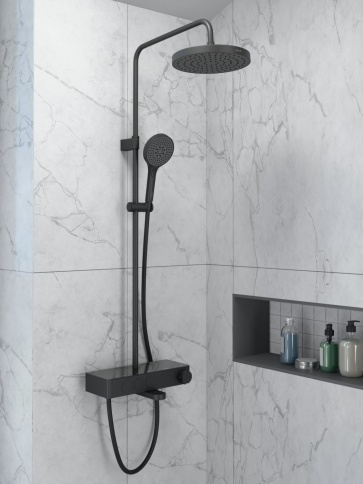 A4730936EXP CORE Round Душевая стойка с термостатом с изливом, верхним и ручным душами черный матовый VITRA фото 7