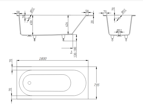 1.01.008.11.1 ORION 180 Ванна 180*79,5 встраиваемая Soft Rock Белый матовый HOLBI фото 4